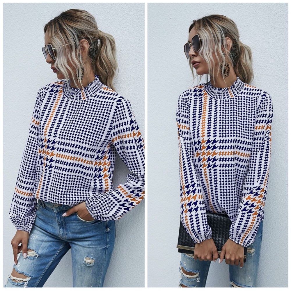 Houndstooth Print black red mock neck blouse - Picture 2 of 7